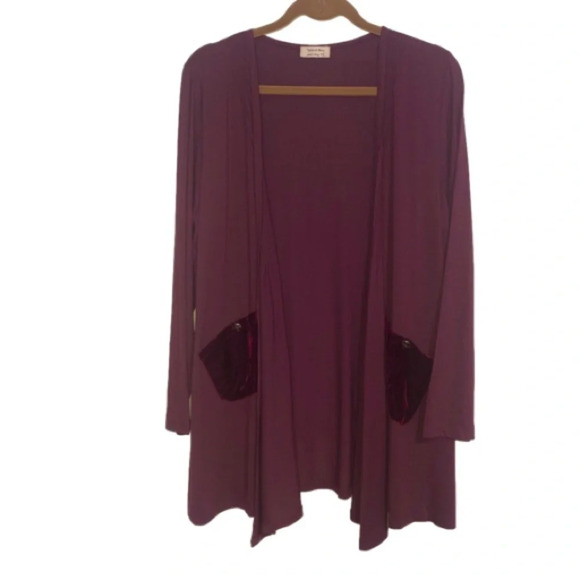 $9 Sale Mina et  Bina Cardigan Open Front Lightweight Plum XL Velvet Pockets - Picture 1 of 9